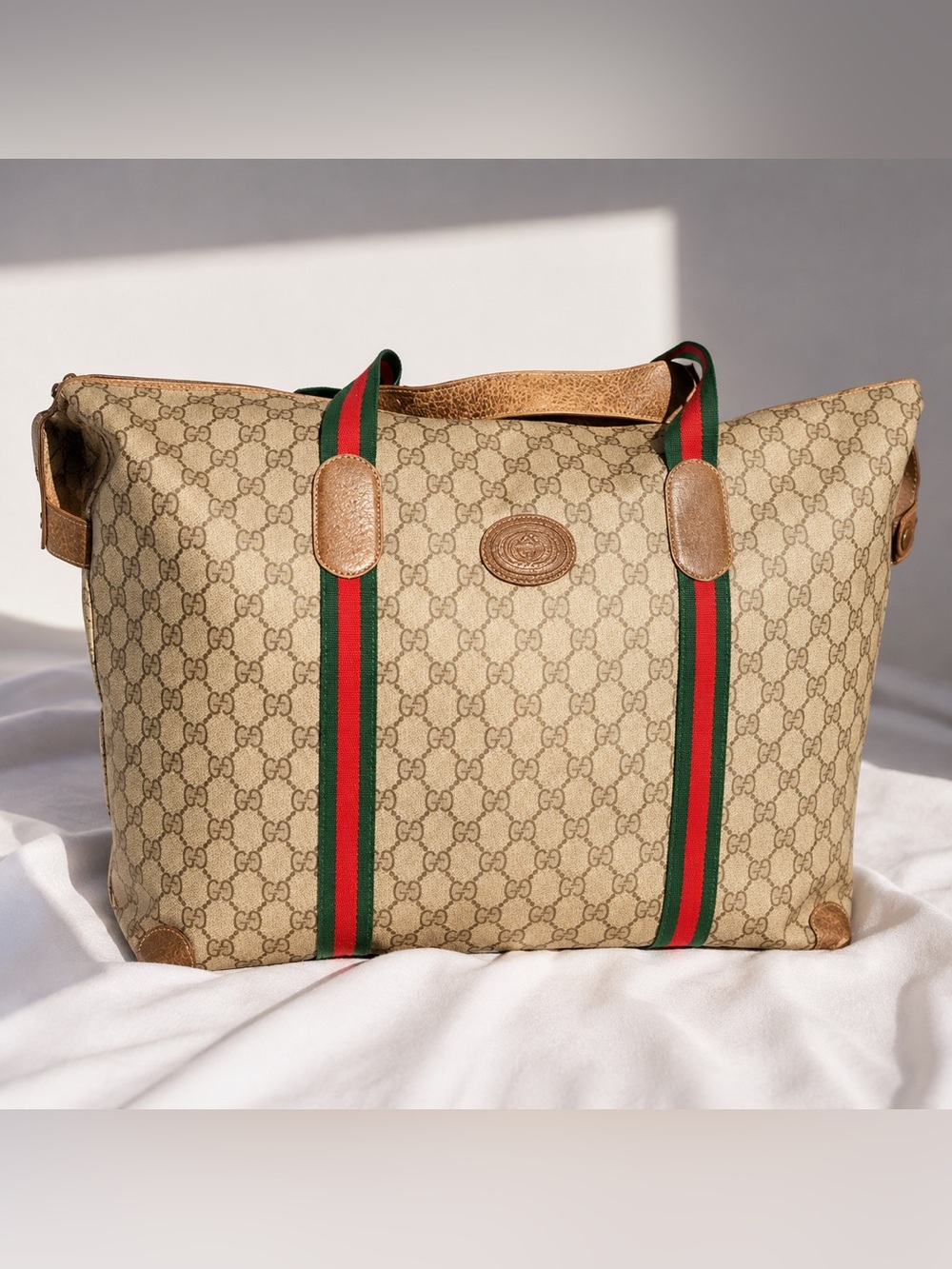 ♥️ GUCCI • Authentic Vintage GG Supreme Sherry Line XL Travel Tote / Weekender